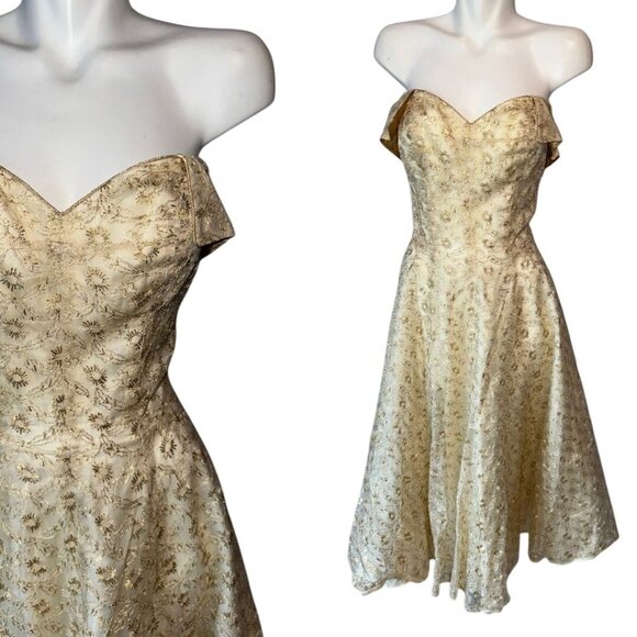 Vtg 50s Perullo David Hart Gold Floral Embroidered Strapless Dress Party Size S - Picture 1 of 8